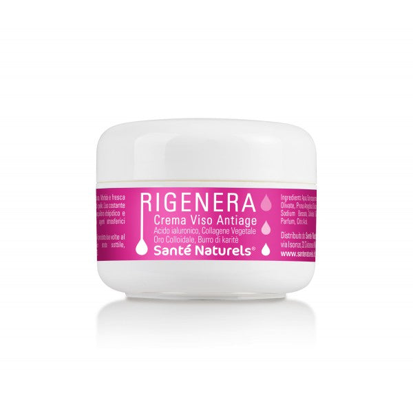 Rigenera Crema facial regeneradora antienvejecimiento con ácido hialurónico, colágeno, oro coloidal y manteca de karité.
